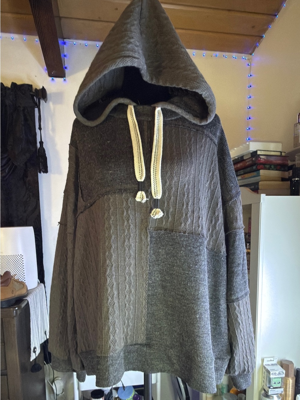 POL Men's Patchwork Cable-Knit Hooded Sweater in Gray with Cream Drawcords